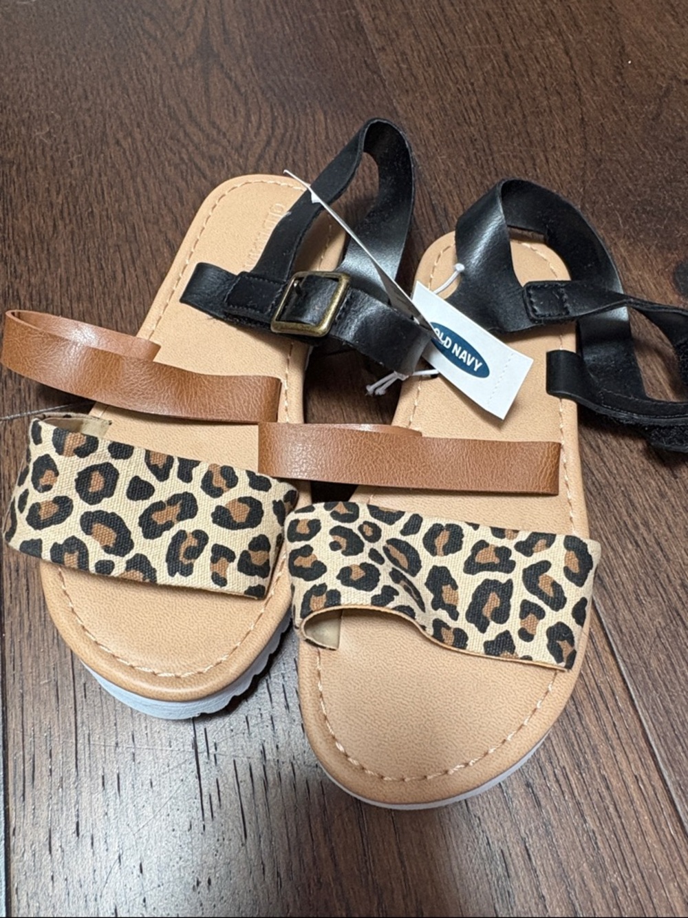 Old Navy Leopard Print and Tan Strap Sandals with Black Ankle Straps